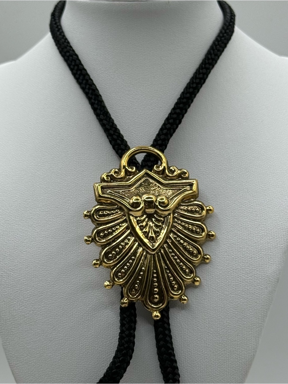 Gold Shield Pendant Bolo Tie Necklace - Black Cord - Picture 2 of 6